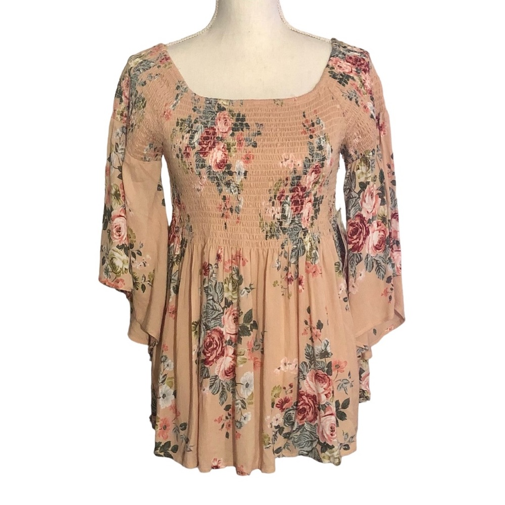 Gypsy Love Light Pink Floral Smocked Top NWT